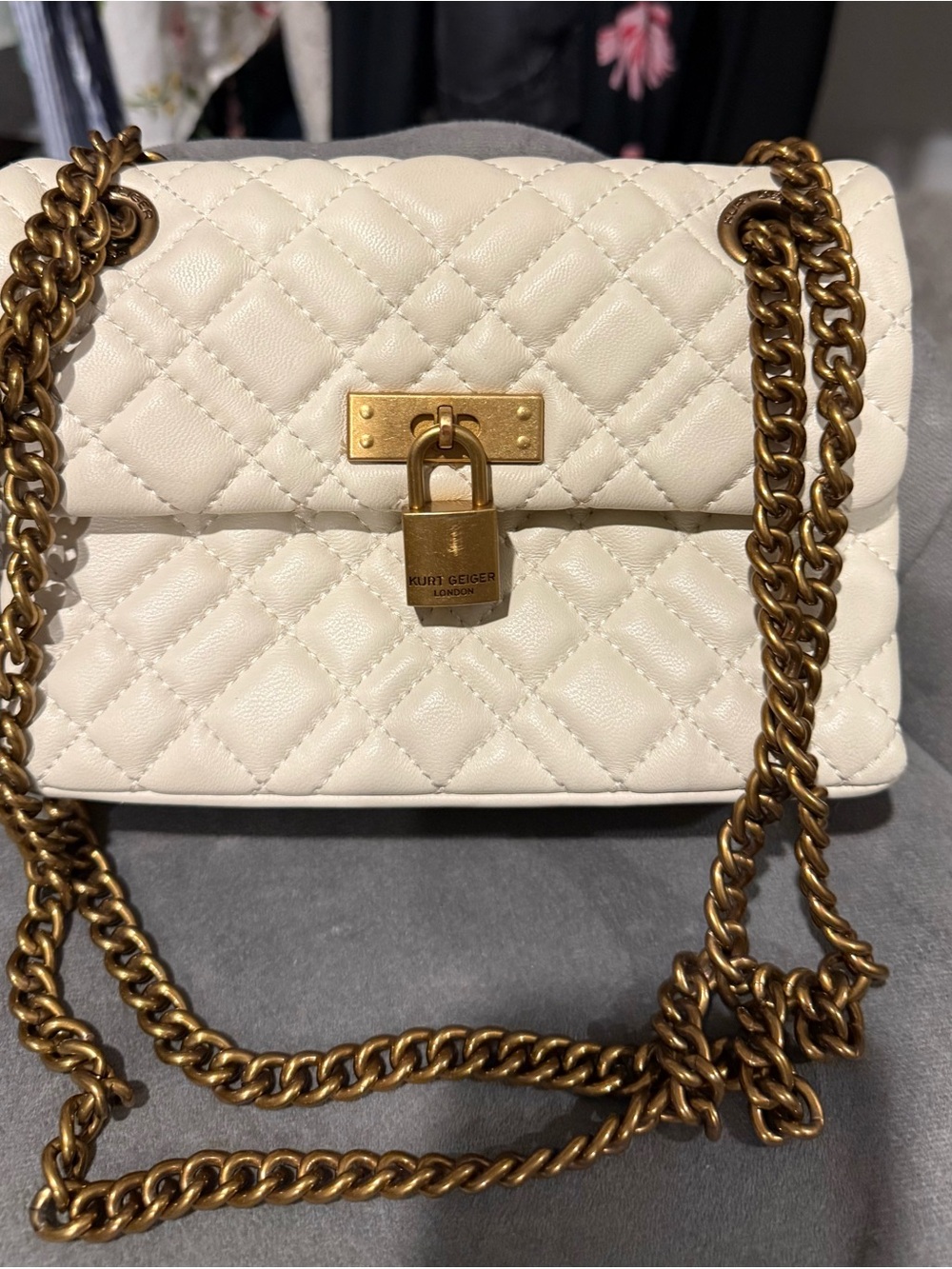 Kurt Geiger Cream Quilted Leather Chain Crossbody with Gold Padlock